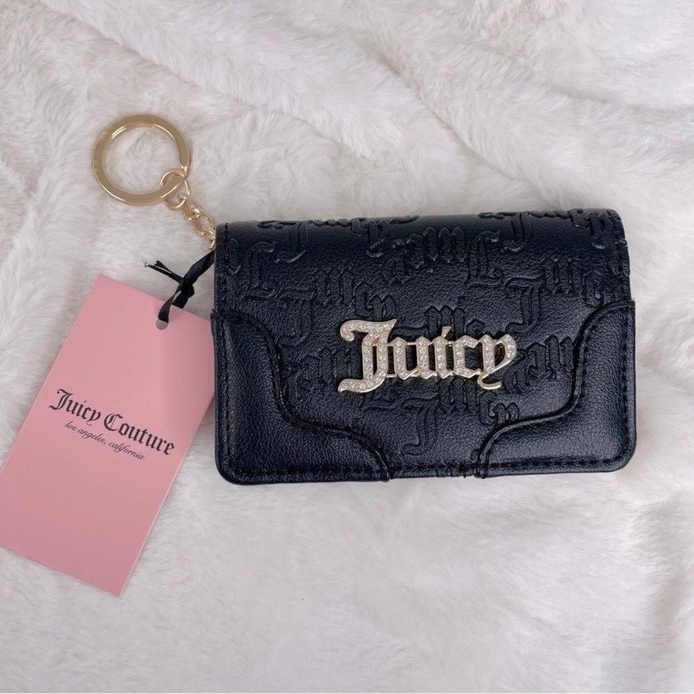 Juicy Couture Black Embossed Logo Bifold Wallet Rhinestone Key Ring Card Case